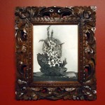 Sarah ContosMullein, Echeveria, Lilies and Barry, 2012pen on found paper, Balinese carved frame